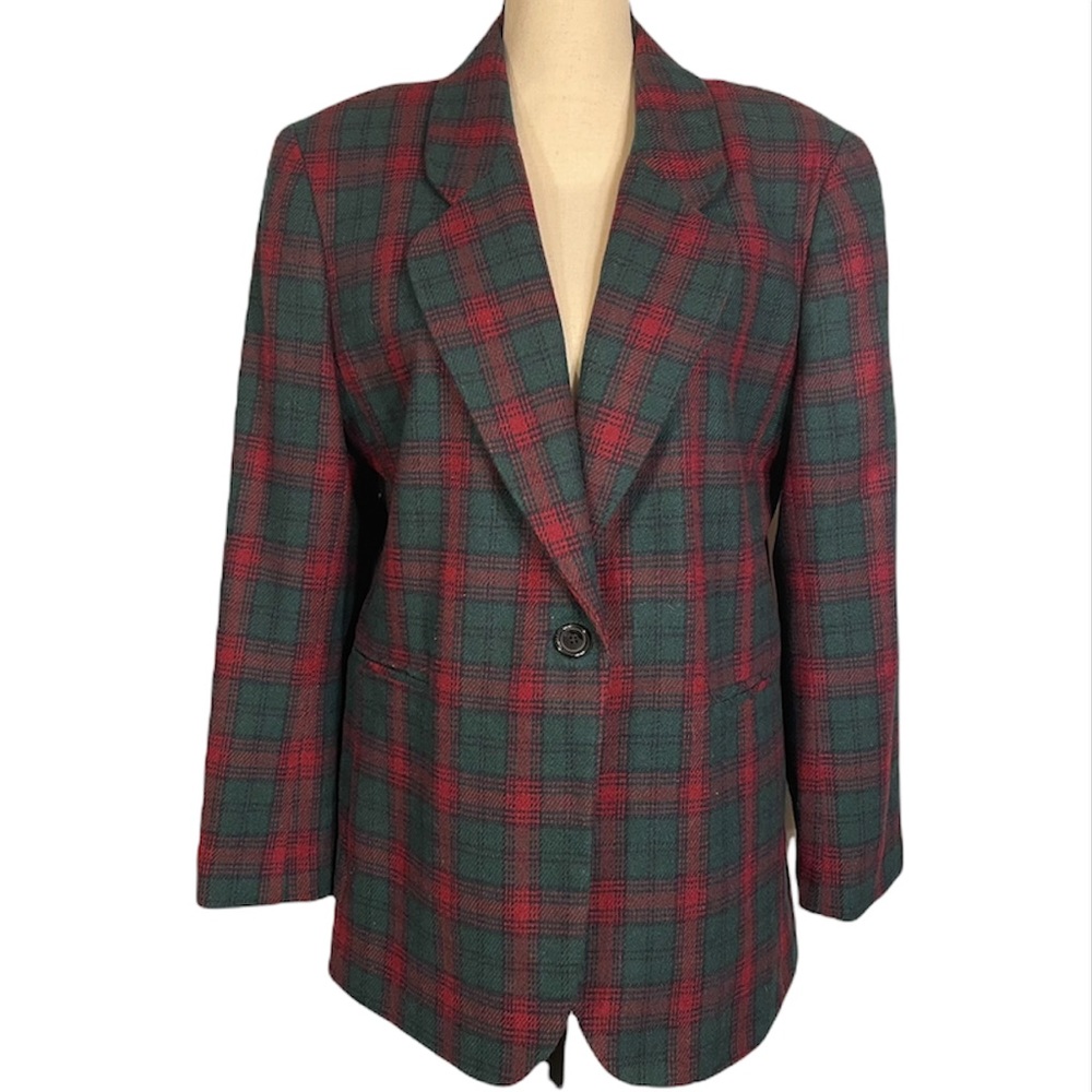 Vintage Worthington 100% Wool Red & Green Plaid Blazer Jacket Size 12
